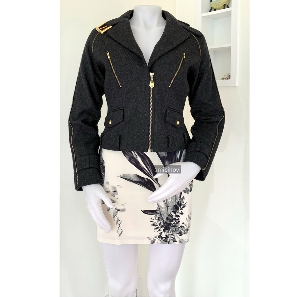 Pink Tartan black wool blend gold tone hardware moto jacket